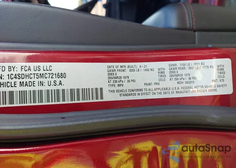 2021 Dodge Durango R/T Rwd из США, поврежденный, VIN 1C4SDHCT5MC721680